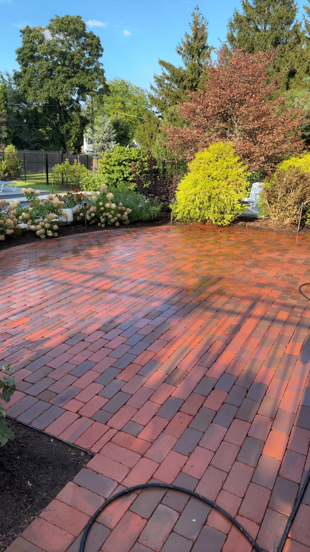 Red brick patio pressure washing — before and after clean result